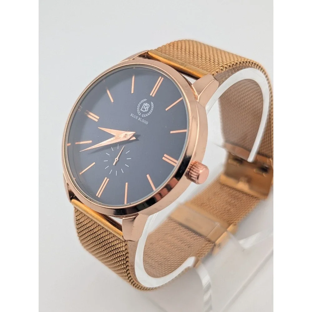 Blue Blood Men's Watch 41mm Case Blue Dial Rose Gold Mesh Metal Band New Battery